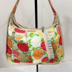 LeSportsac Hobo Bag Mums Floral Print With Pouch Lightweight Nylon Multicolored